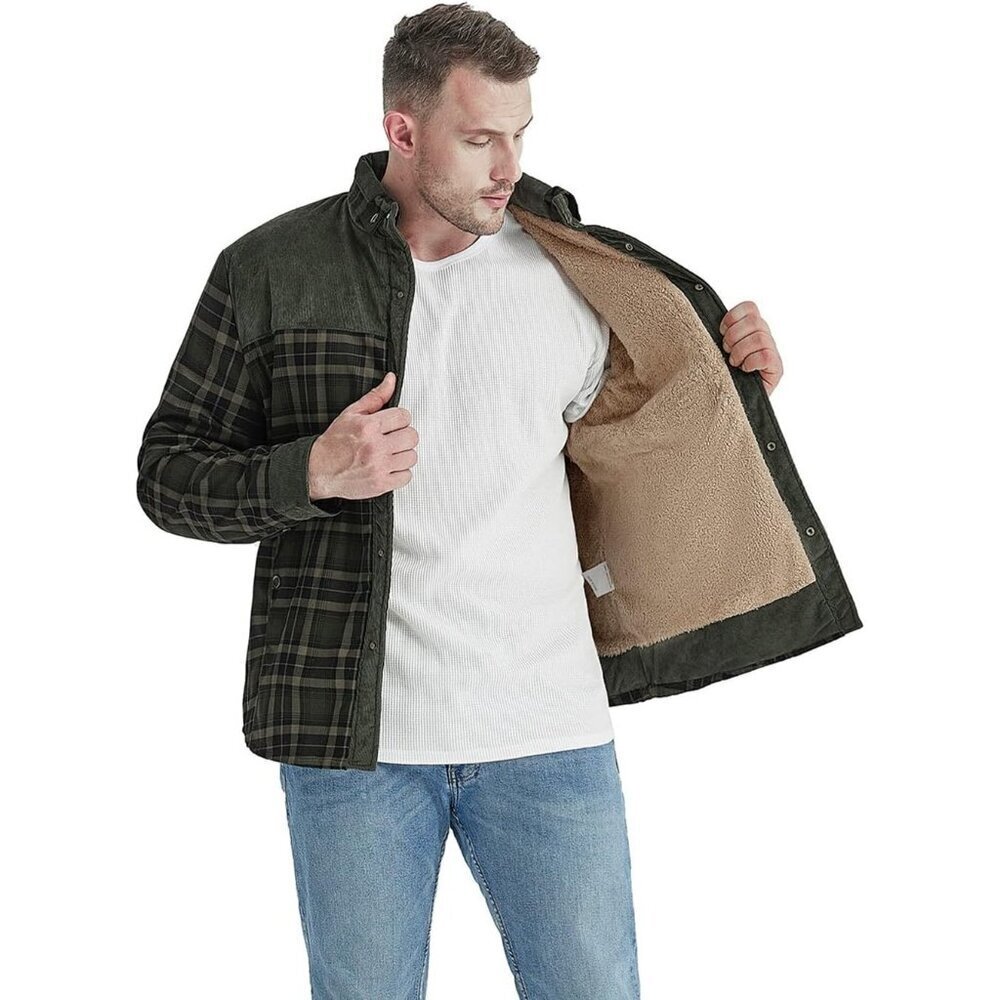 Men's Dark Green Long Sleeve Sherpa Lined Flannel Shirt Jacket Fleeces - Picture 3 of 7